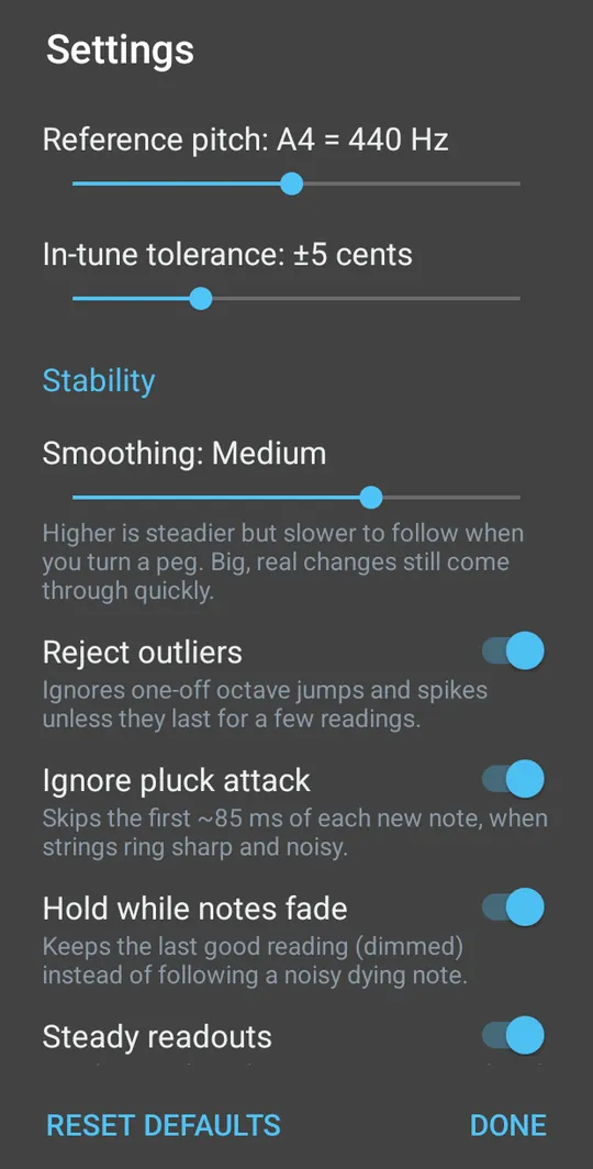 Settings for reference pitch, in-tune tolerance, smoothing and other stability options
